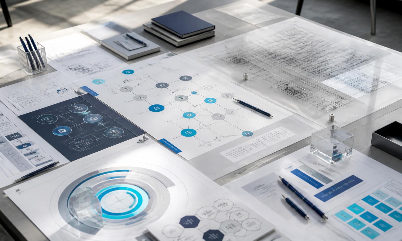 Enterprise methodology and framework diagrams arranged for strategic planning